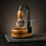 Premium wooden shaving kit in teak with handturned stand, brush and bowl