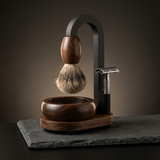 Premium wooden shaving kit in walnut with handturned stand, brush and bowl