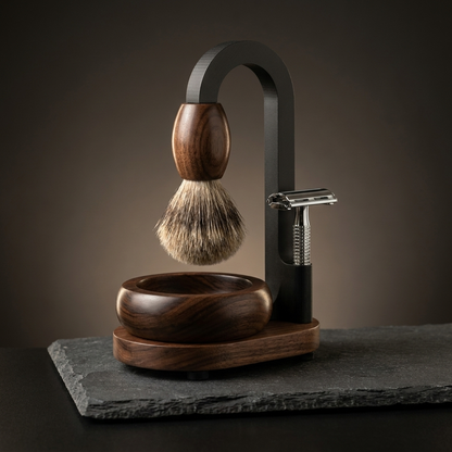 Premium wooden shaving kit in walnut with handturned stand, brush and bowl
