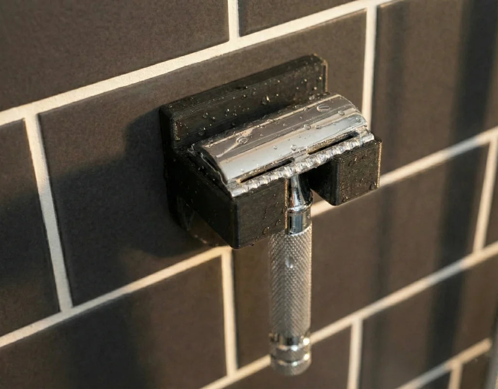Charcoal black wall-mounted razor holder with chrome safety razor, water droplets visible on dark shower tiles