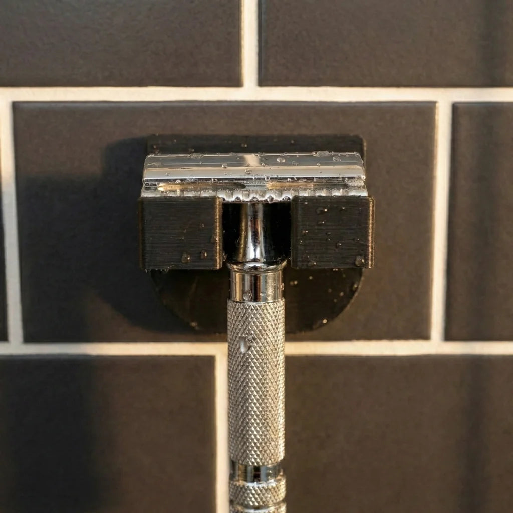 Charcoal gray wall-mounted razor holder gripping a chrome safety razor against dark subway tiles with water droplets