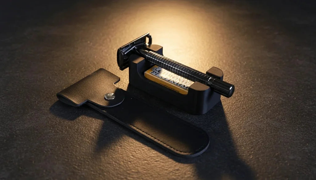 Gunmetal black double-edge safety razor with knurled handle resting on a dark leather snap-closure travel case