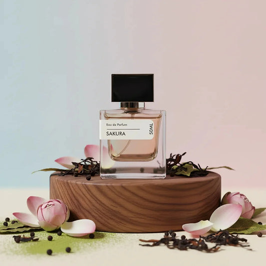 Sakura Eau de Parfum bottle with black cap on a wooden stand, surrounded by pink lotus petals and dried tea leaves.
