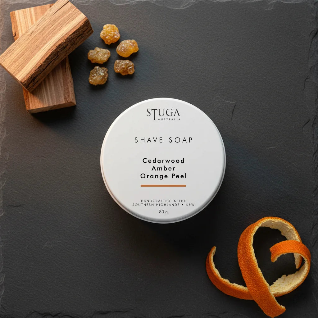 Stuga Australia shave soap tin in cedarwood, amber, and orange peel scent, 80g handcrafted in Southern Highlands NSW