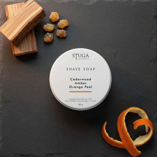 Stuga Australia shave soap tin in cedarwood, amber, and orange peel scent, 80g handcrafted in Southern Highlands NSW