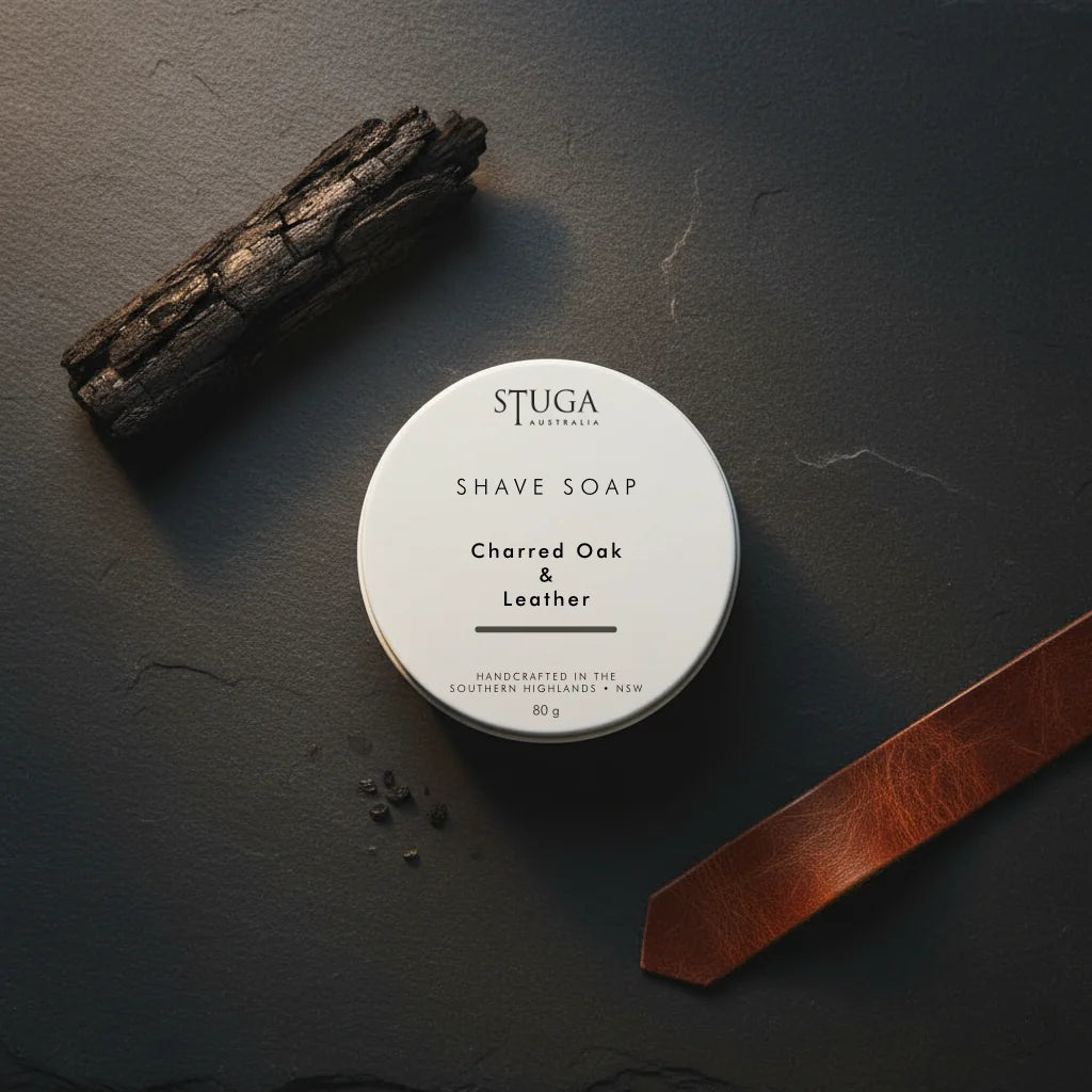 Stuga Australia Charred Oak & Leather shave soap in a round white tin, 80g, handcrafted in the Southern Highlands NSW