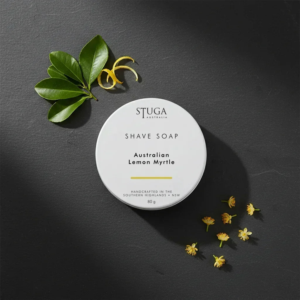 STUGA Australia shave soap tin in Australian Lemon Myrtle scent with botanical accents