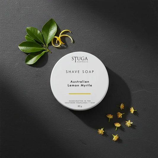 STUGA Australia shave soap tin in Australian Lemon Myrtle scent with botanical accents