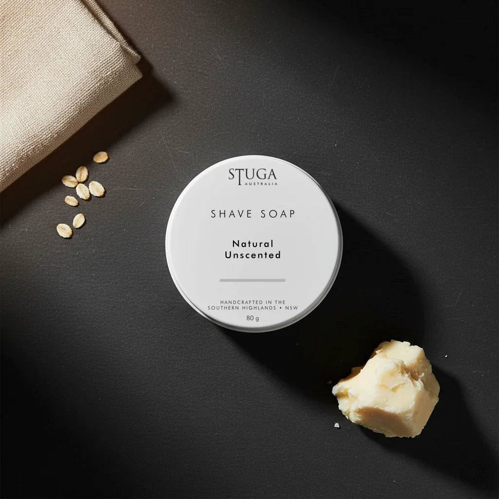 Stuga Australia Natural Unscented Shave Soap in white round tin, 80g, handcrafted in Southern Highlands NSW