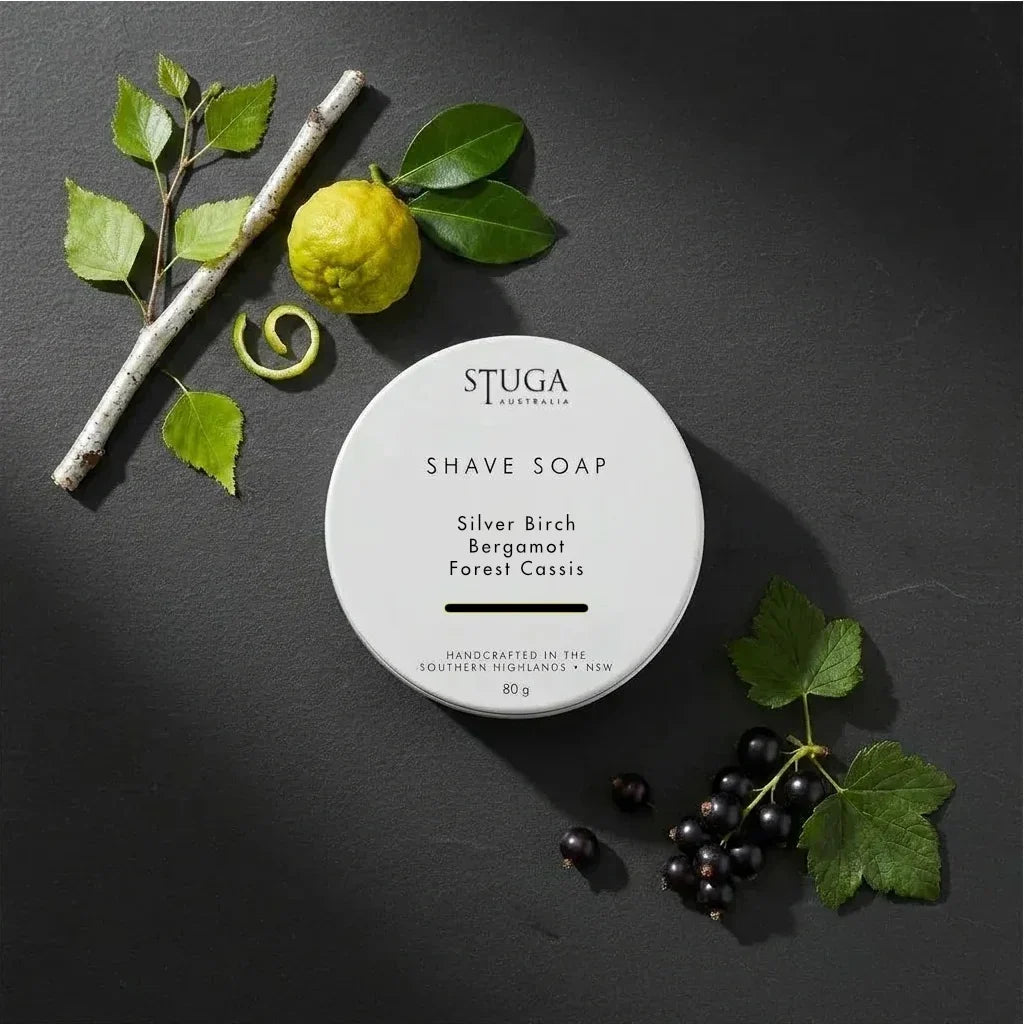 Stuga Silver Birch + Bergamot + Forest Cassis artisan shaving soap, handmade in the Southern Highlands of Australia