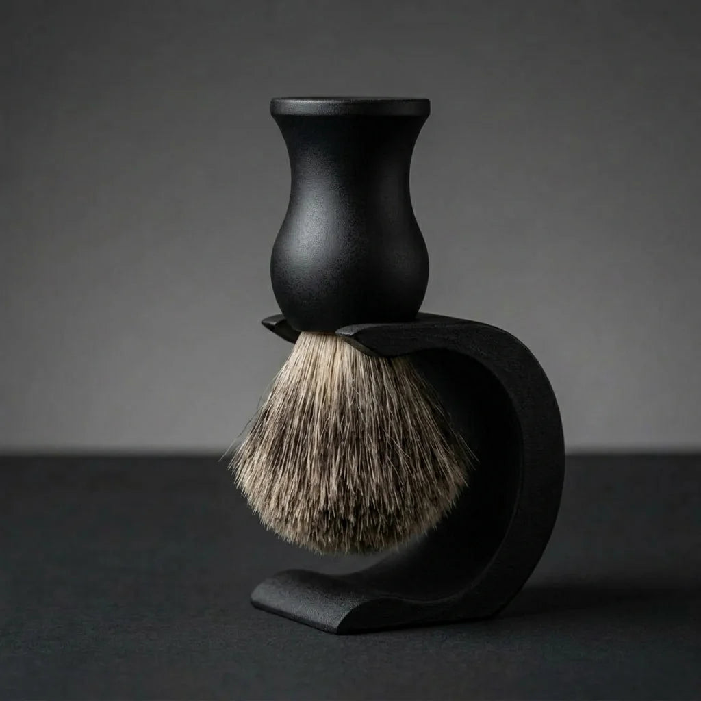 Badger hair shaving brush with matte black handle displayed on a matching black drip stand