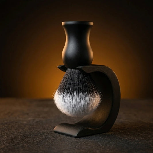 Black-handled shaving brush with synthetic silver-tipped bristles displayed on a matching dark metal stand