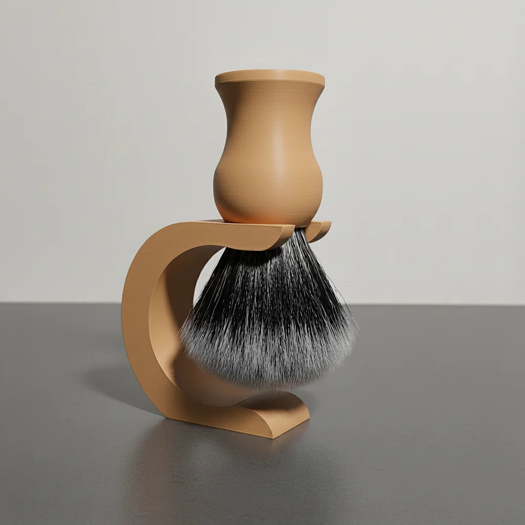 Light brown wooden shaving brush with black and white bristles, resting on a matching curved wooden stand.