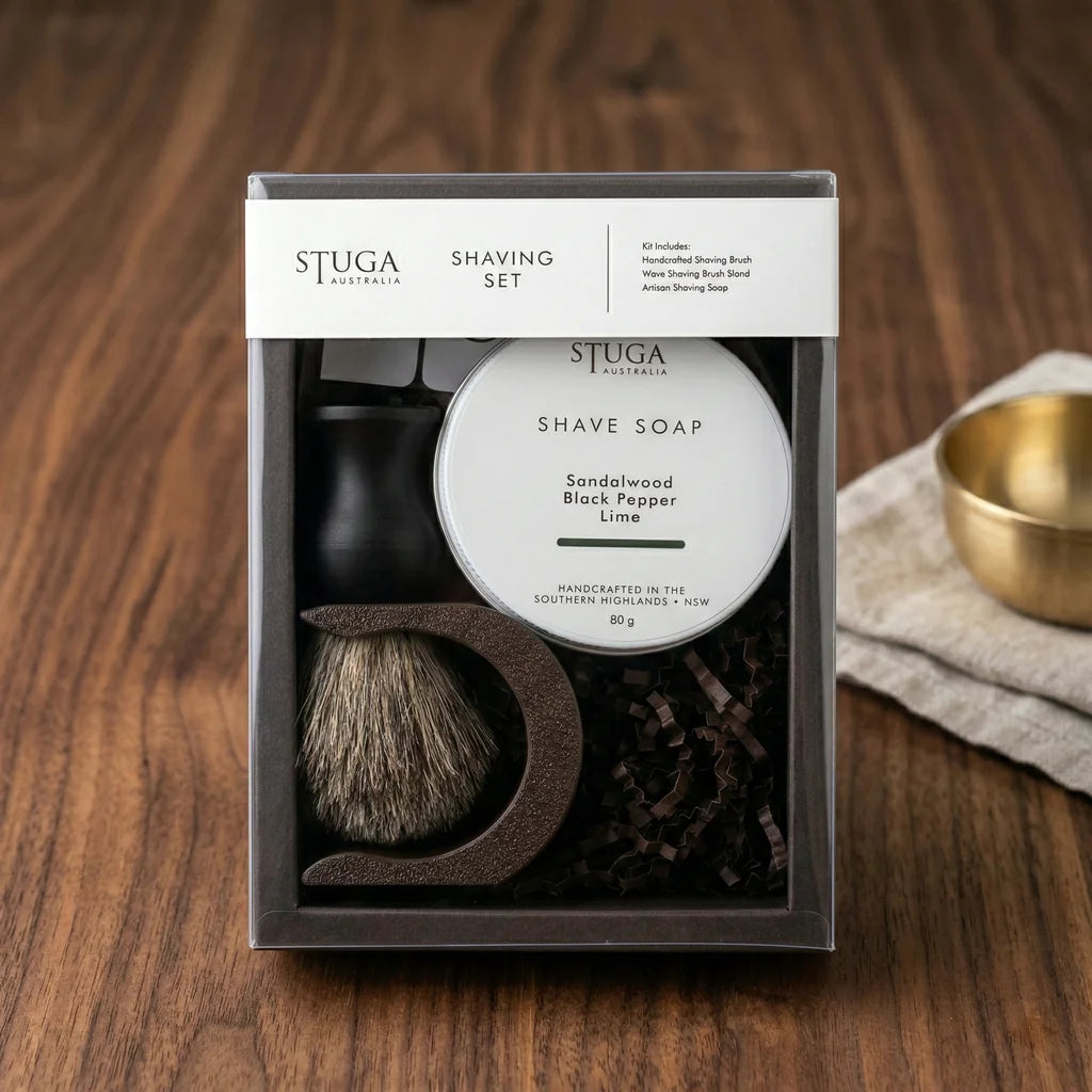 Stuga Australia shaving set with handcrafted brush, wave stand, and sandalwood black pepper lime shave soap in gift box