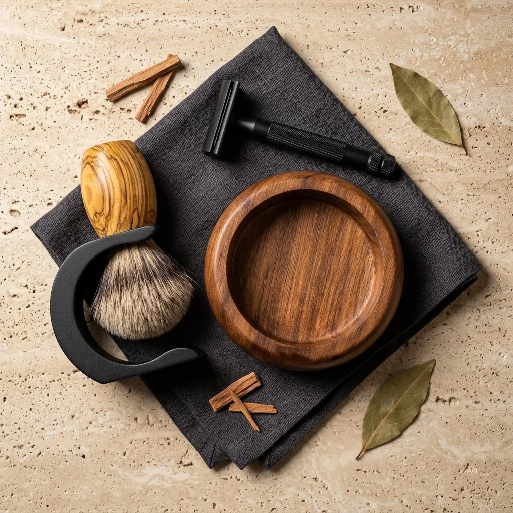 Wooden shaving set with olivewood badger brush, walnut lather bowl, and matte black safety razor on dark cloth