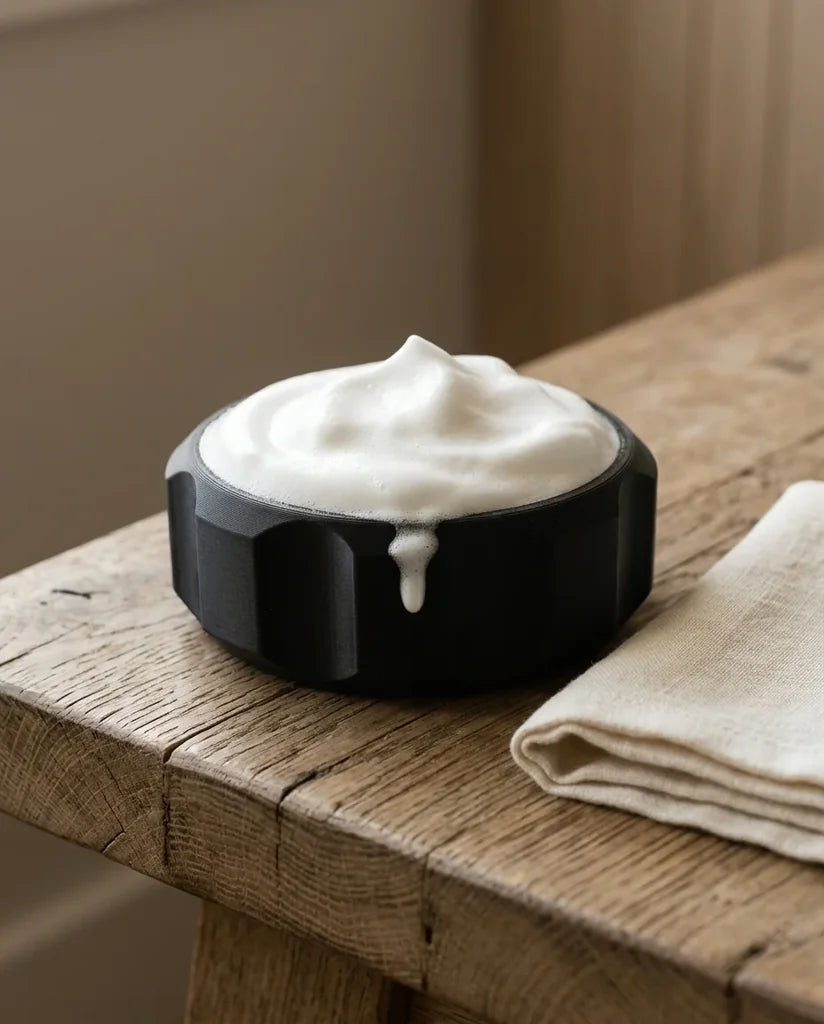 Shaving soap lathered in a black faceted ceramic bowl on rustic oak with linen cloth, handmade