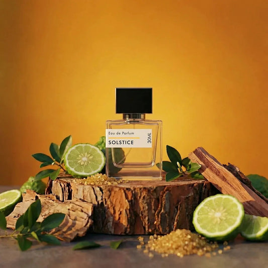 Solstice Eau de Parfum 30ml in clear square glass bottle with black cap, displayed with citrus and sandalwood accents