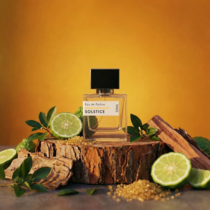 Solstice Eau de Parfum 50ml clear glass bottle with black cap, displayed on wood with lime and sandalwood accents