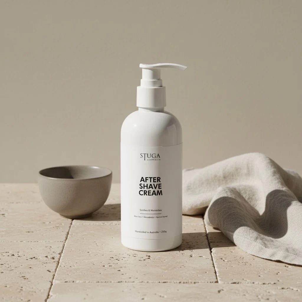 Stuga Australia After Shave Cream in a white pump bottle, 250g, next to a small grey bowl and linen cloth.