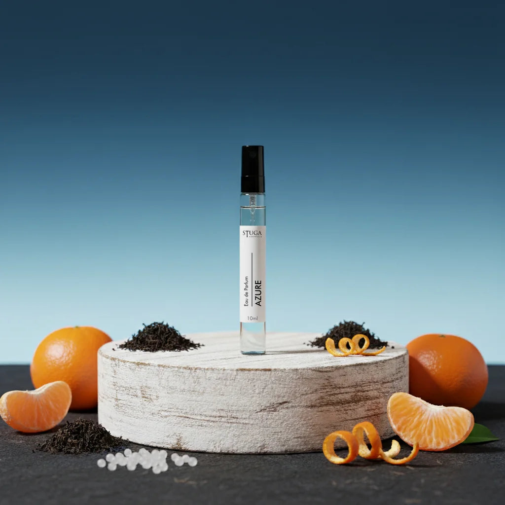 Stuga Azure Eau de Parfum 10ml spray bottle, surrounded by oranges, tea leaves, and white fragrance beads.