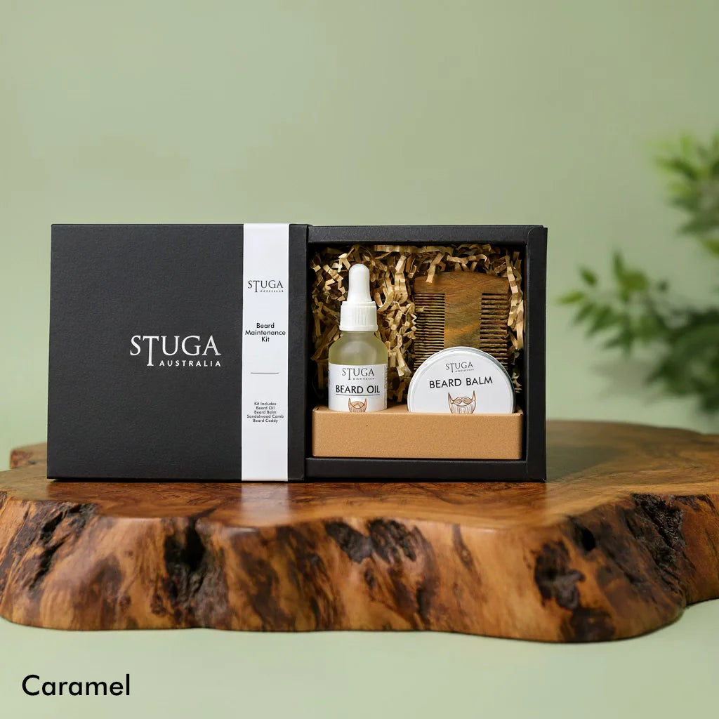 Stuga Australia Beard Maintenance Kit with beard oil, beard balm, and wooden comb in a black gift box.