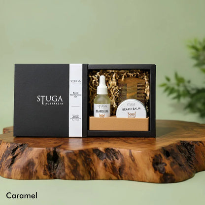 Stuga Australia Beard Maintenance Kit with beard oil, beard balm, and wooden comb in a black gift box.