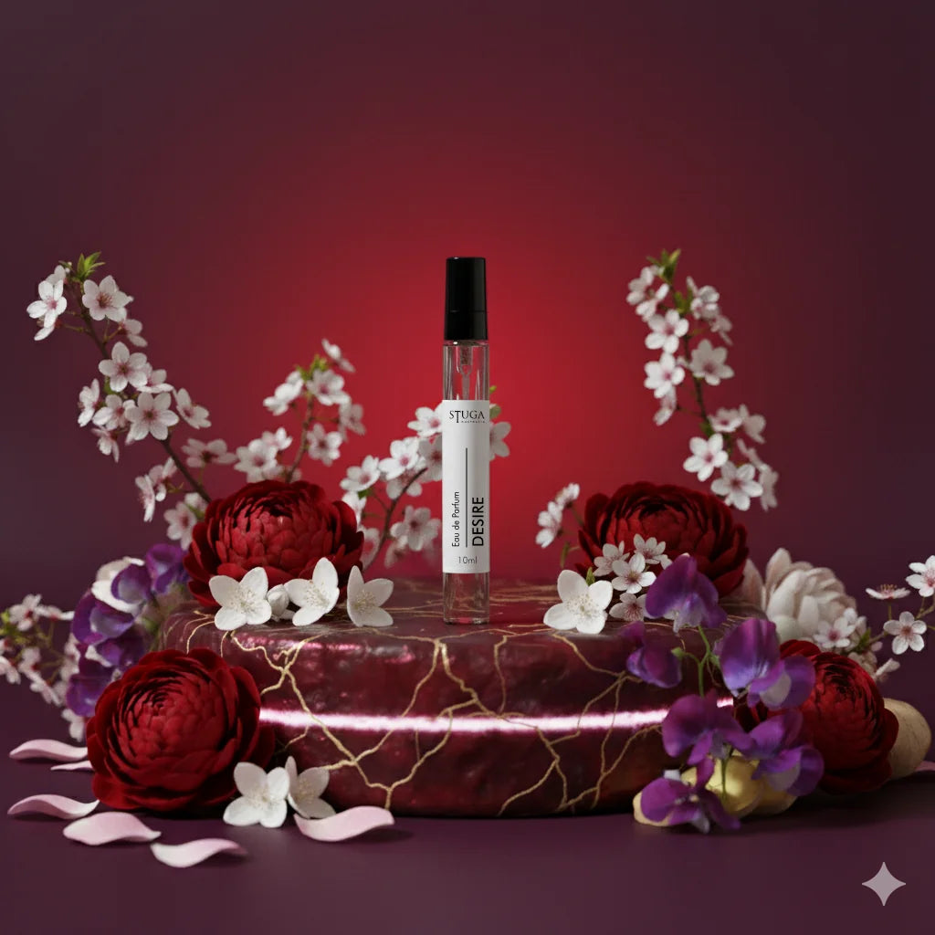 Stuga Desire Eau de Parfum 10ml rollerball bottle, surrounded by red peonies, white cherry blossoms, and purple sweet peas on