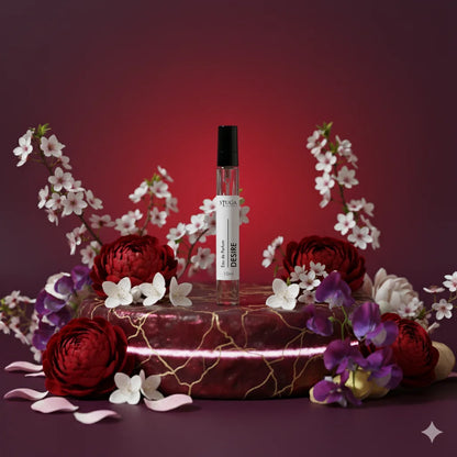 Stuga Desire Eau de Parfum 10ml rollerball bottle, surrounded by red peonies, white cherry blossoms, and purple sweet peas on