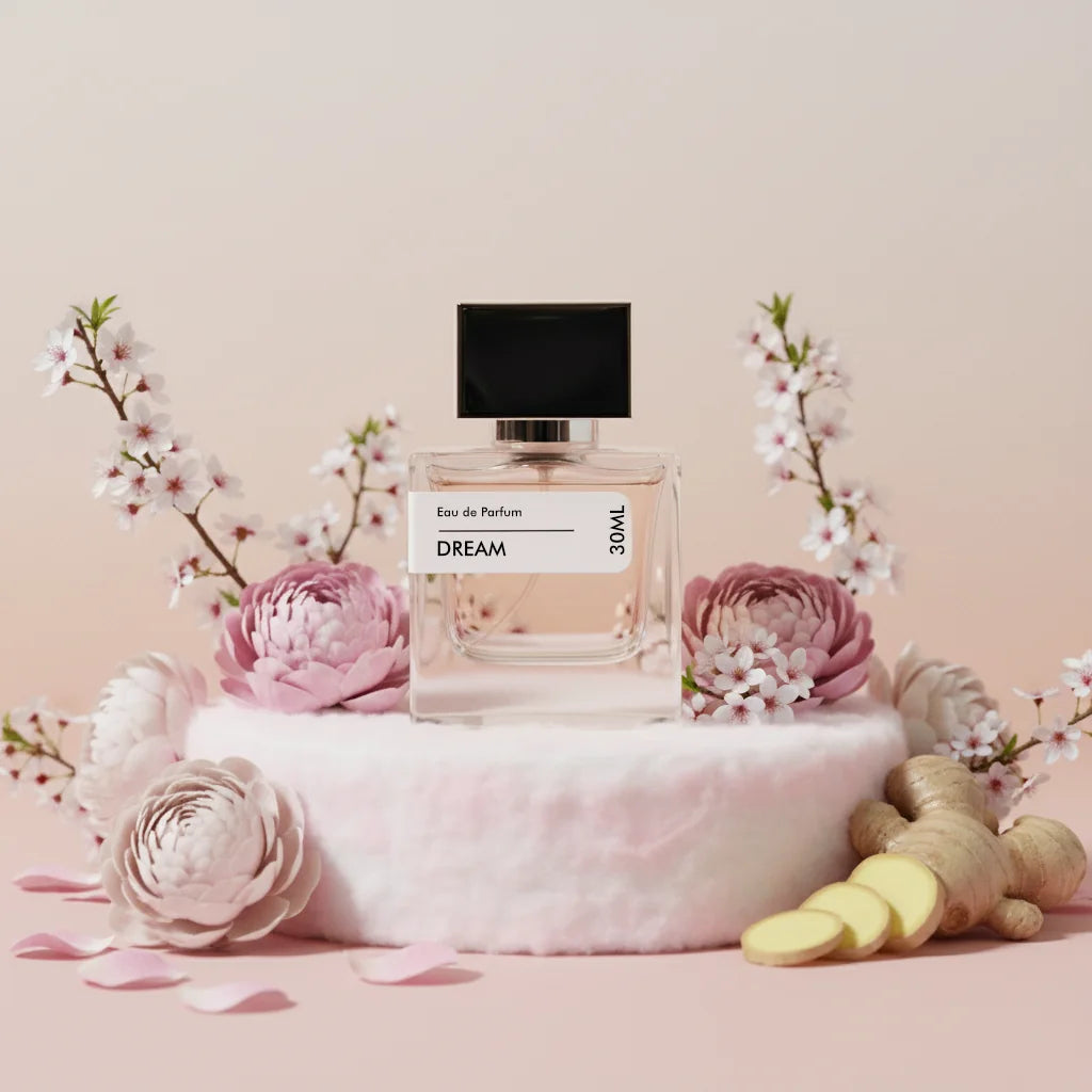 Stuga Dream EDP perfume bottle, 30ml, clear glass with black cap, surrounded by pink peonies, cherry blossoms, and ginger sli