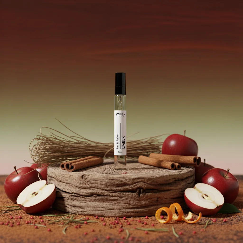 Stuga Ember EDP perfume vial, 10ml, surrounded by red apples, cinnamon sticks, and orange peel on a wooden base.