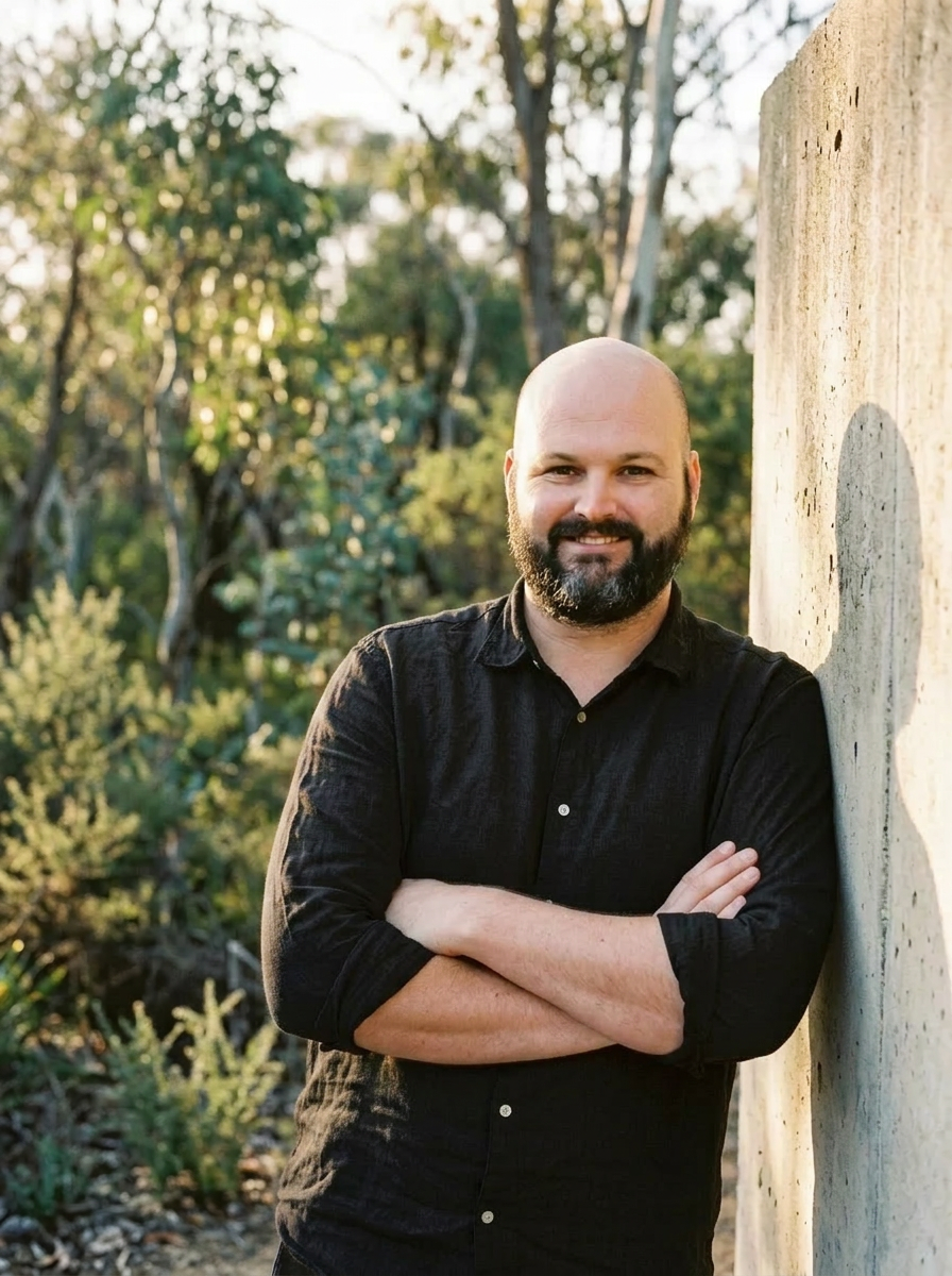 Nicklas from Stuga leaning against a concrete wall in the Southern Highlands, Australian bush behind him at golden hour