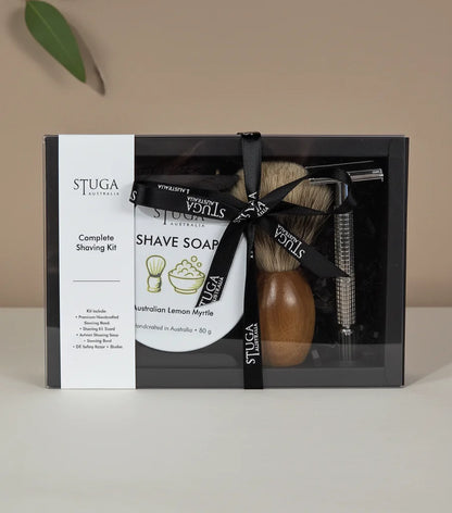 Stuga handmade complete shaving kit with lemon myrtle shave soap, brush, stand, and DE safety razor.