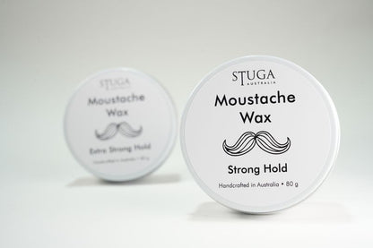 Stuga Australia moustache wax with strong hold, handcrafted, 80 grams, white round container with black text and mustache gra