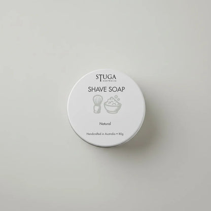 Stuga Australia natural shave soap in a white tin, handcrafted, 80g, with brush and bowl icon.