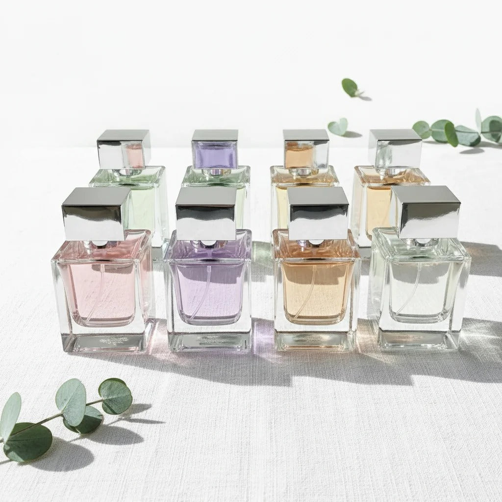 Handmade Australian perfume bottles in pastel colours arranged on white linen with eucalyptus sprigs