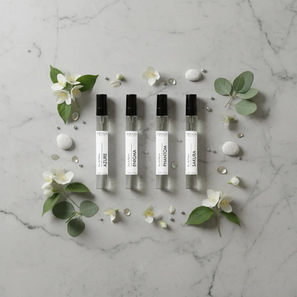Four Stuga travel-size perfume spray bottles, 'Azure', 'Enigma', 'Phantom', and 'Sakura', arranged on a marble surface with white flowers, green leaves, and small white stones.