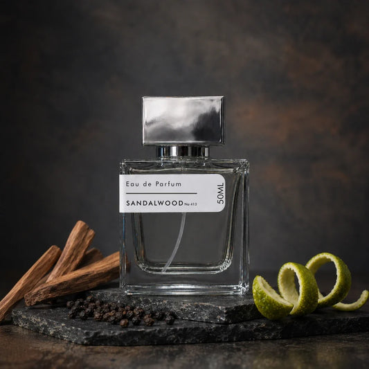Stuga Sandalwood No. 413 sandalwood perfume, 50ml eau de parfum bottle on slate with sandalwood sticks, black peppercorns and a lime peel twist.