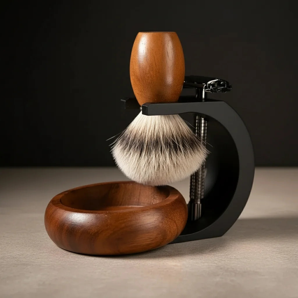 Stuga complete shaving kit with wooden handle brush, black stand, and wooden shaving bowl.