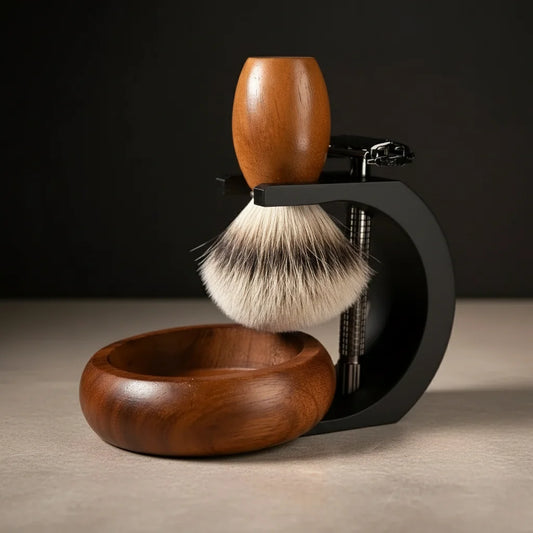 Stuga complete shaving kit with wooden handle brush, black stand, and wooden shaving bowl.