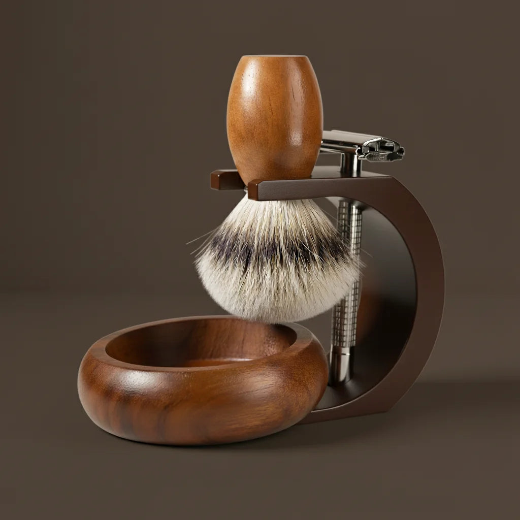 Stuga complete shaving kit with wooden handle brush, safety razor, and wooden bowl on a dark wood stand.