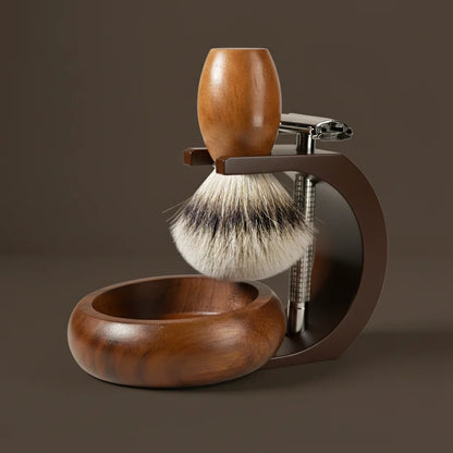 Stuga complete shaving kit with wooden handle brush, safety razor, and wooden bowl on a dark wood stand.