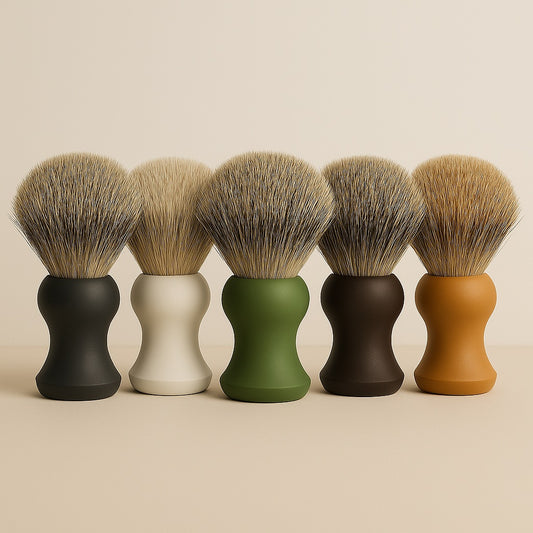 Stuga Travel Shaving Brush with Polymer Handle, handmade Australian artisan product, lightweight and waterproof design.