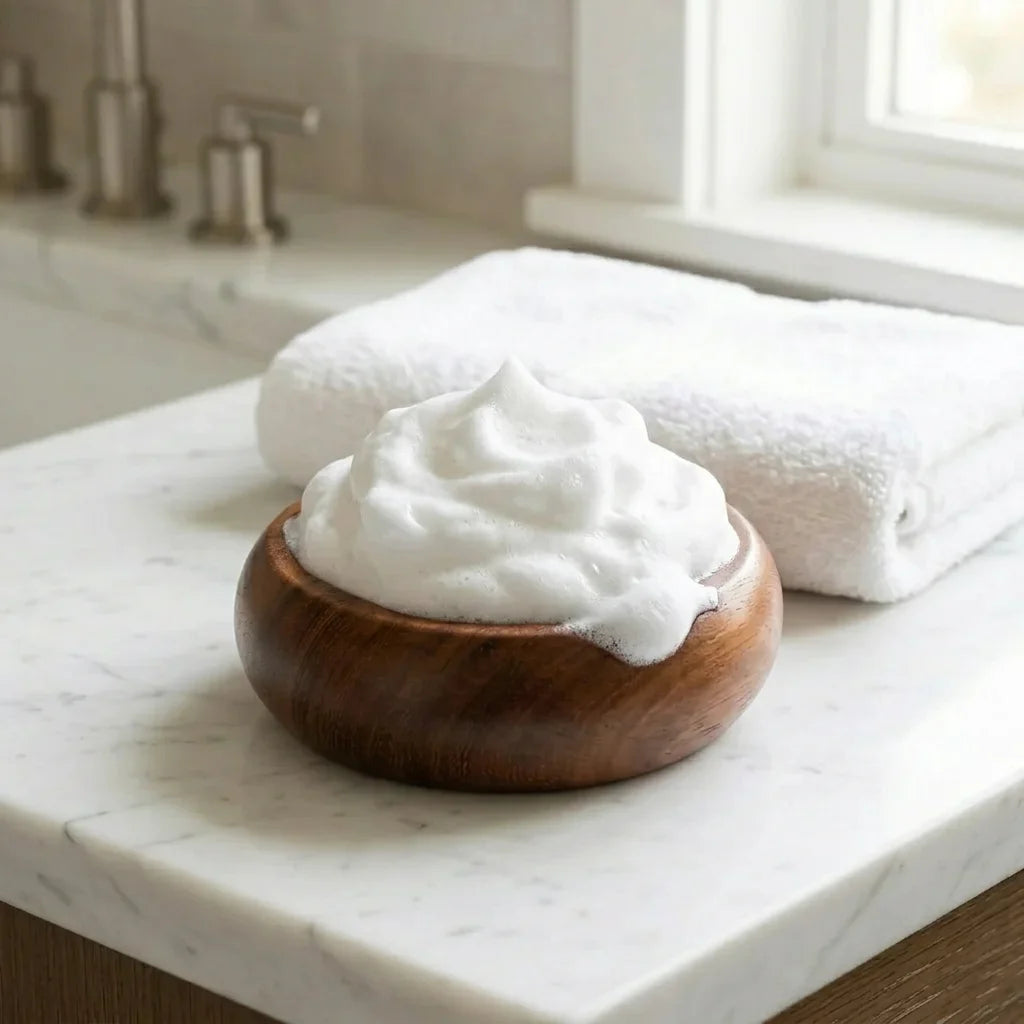 Teak wood shaving bowl filled with rich white lather on marble bathroom countertop