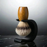 Luxury silver tip badger shaving brush with teak handle on a matte black Wave stand, Australian made by Stuga