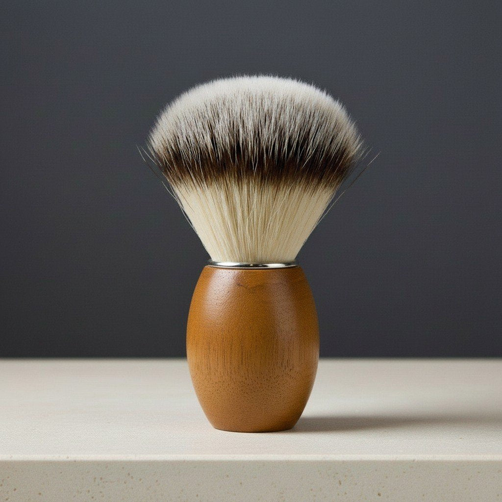 Teak wood shaving brush with soft, two-toned synthetic bristles and a polished metal collar, standing on a light surface.