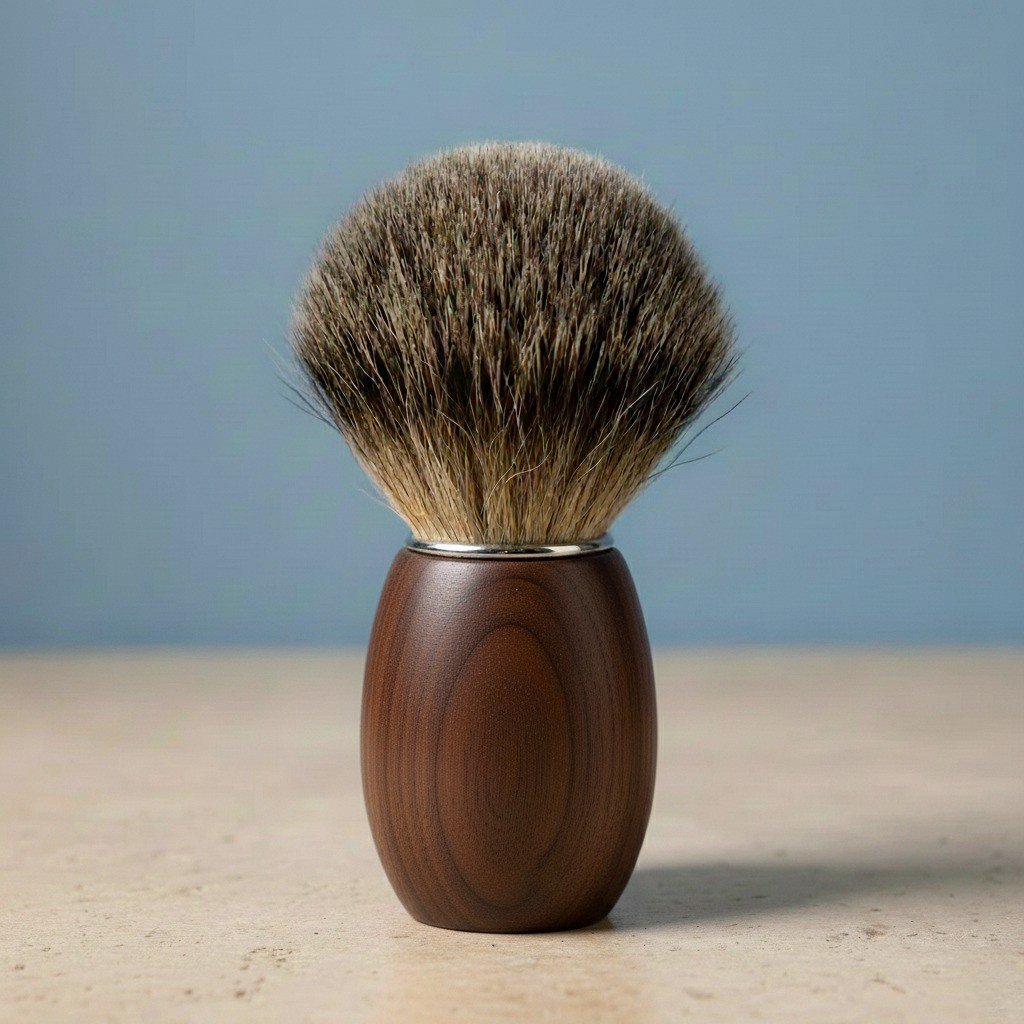 Close-up of a shaving brush with a dark walnut wood handle and soft, brown 3rd grade badger bristles, standing upright.