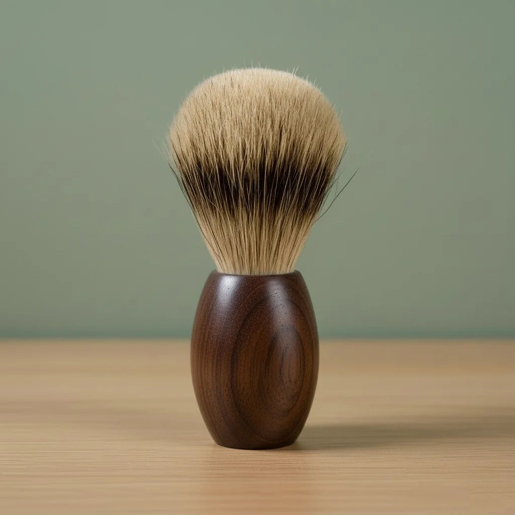 2nd grade badger bristle shaving brush with a dark walnut wood handle, standing upright on a wooden surface.
