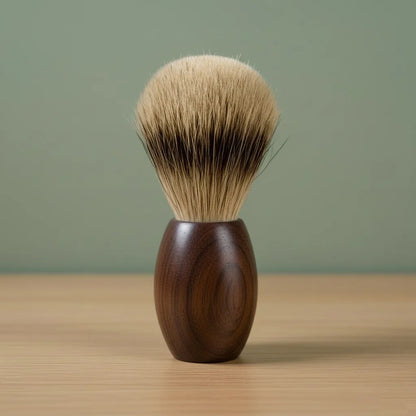 2nd grade badger bristle shaving brush with a dark walnut wood handle, standing upright on a wooden surface.
