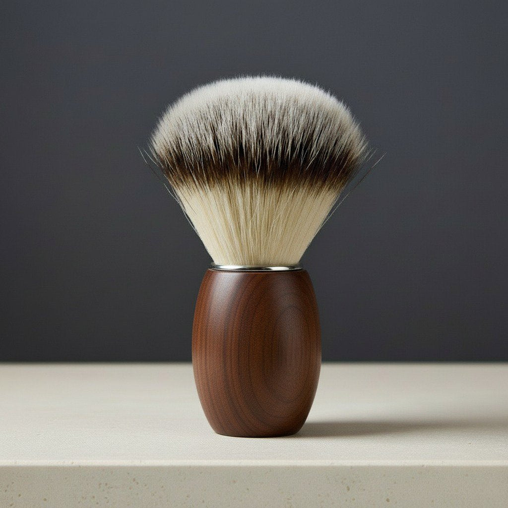 Walnut wood shaving brush with soft, two-tone synthetic bristles and a silver collar, standing upright.