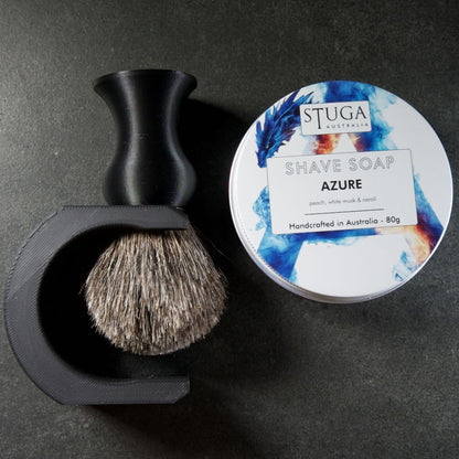 Image of Stuga's 'The Essentials Shaving Kit': handcrafted brush, soap, and stand; sustainable, natural Australian artisan design.